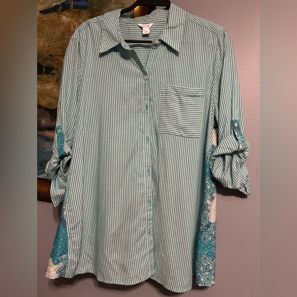 Intro. Teal and White Striped Shirt. Made in India